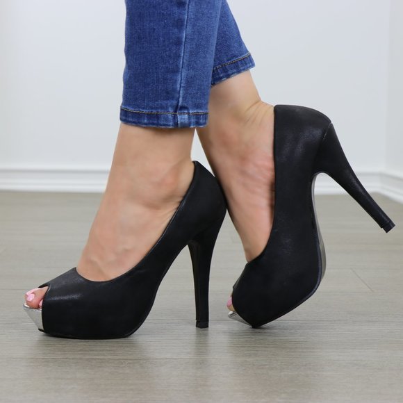 Sexy Black Metallic Peep Toe Platform High Heels - Picture 6 of 10